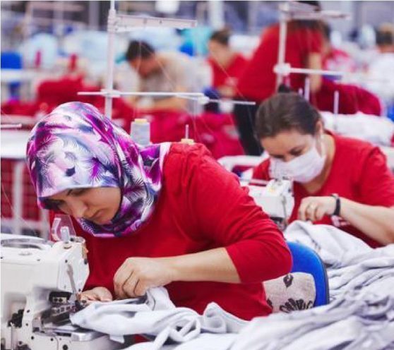 制衣厂生产工人穿着红色服装使用缝纫机