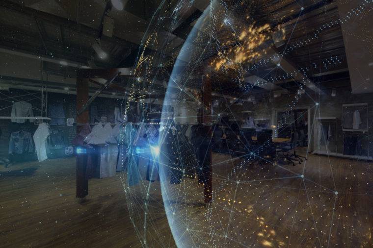 Clothes shop overlay with connective nodes around a globe