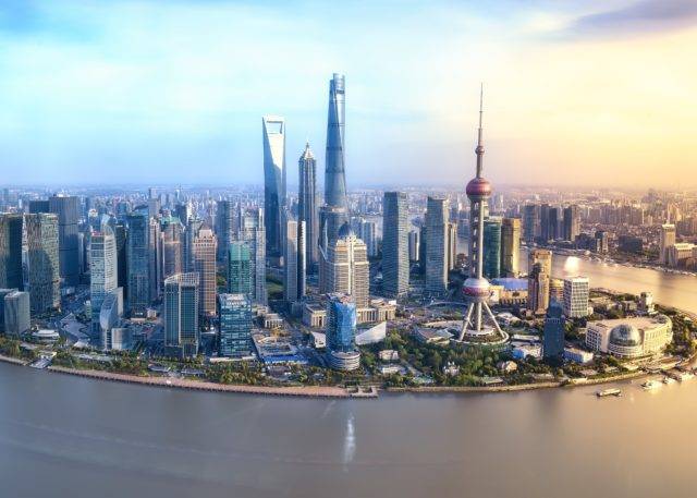 Shanghai skyline from river during the day