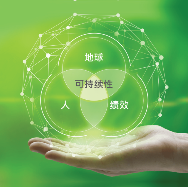 三个圆圈显示人，行星和性能相互连接在中间与文字可持续性