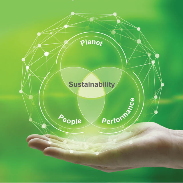 Three circles displaying people, planet and performance interconnected in the middle with the words sustainability